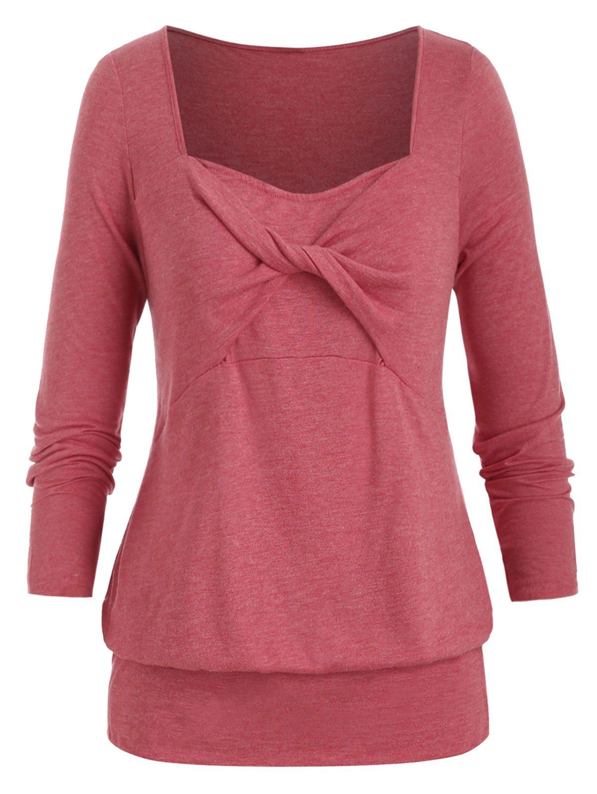 Plus Size Twist Square Neck Long Sleeve Tee - VALENTINE RED 5X