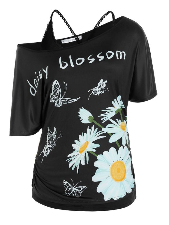 Ensemble de T-shirt Papillon Marguerite Fleur de Grande Taille et de Haut à Bretelle - Noir 4X