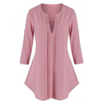 

Plus Size Pintuck V Notch Roll Up Sleeve Tunic Blouse, Rose