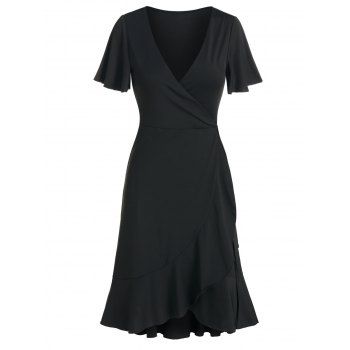 

Plunge Neck Flounced Wrap Dress, Black