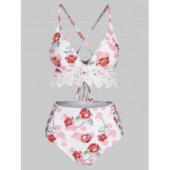 

Crochet Lace Panel Rose Print Lace-up Crisscross Bikini Swimwear, Light pink