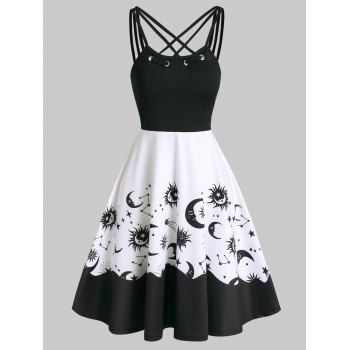 Image of Moon Sun Star Print High Waist Cami A Line Dress
