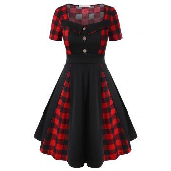 

Plus Size Plaid Buttons Knee Length Dress, Black
