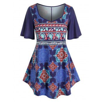 

Plus Size Bandana Print Sweetheart Neck Tunic Tee, Cobalt blue