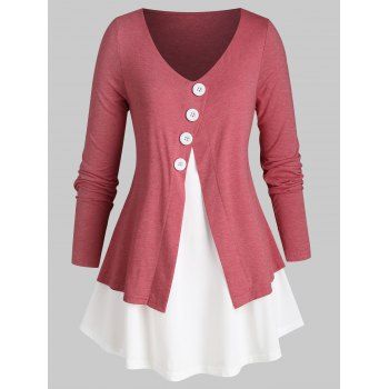 

Plus Size Bicolor Overlap Buttoned Long Sleeve Tee, Valentine red