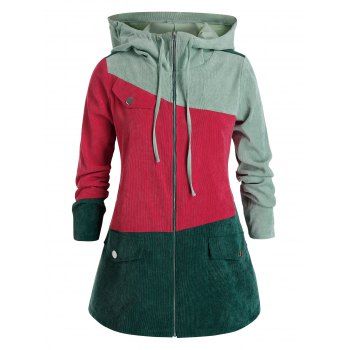 

Plus Size Colorblock Corduroy Hooded Zip Up Jacket, Multicolor