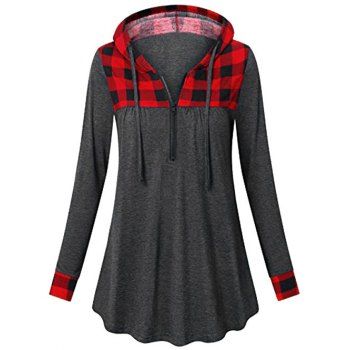

Plus Size Hooded Plaid Half Zip T-shirt, Gray