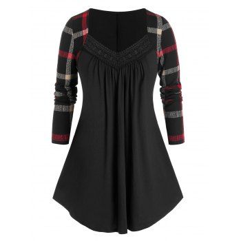 Image of Plus Size Plaid Sleeve Lace Tunic Top
