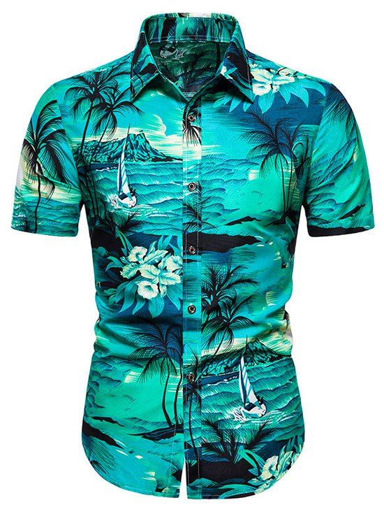 Chemise de Plage Paysage de Palmier d'Hawaï Imprimé - Aigue Marine Moyenne L