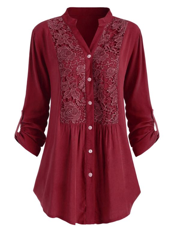 Chemise au Crochet en Dentelle à Manches Roulées Grande Taille - Rouge foncé 5XL