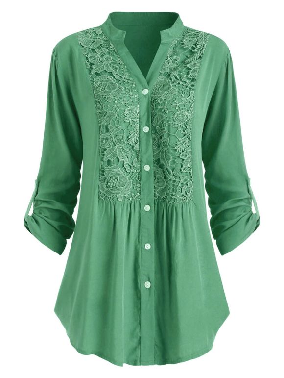 Chemise au Crochet en Dentelle à Manches Roulées Grande Taille - Vert clair 5XL