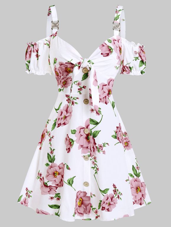 Floral Print Bowknot Cold Shoulder Dress - PINK L