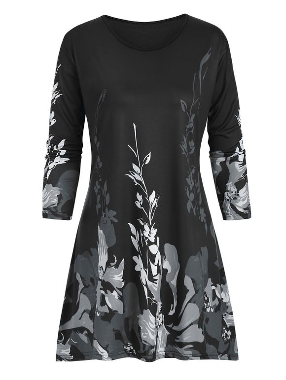 Haut Tunique Floral à Manches 3 / 4 Grande Taille - Gris 5X