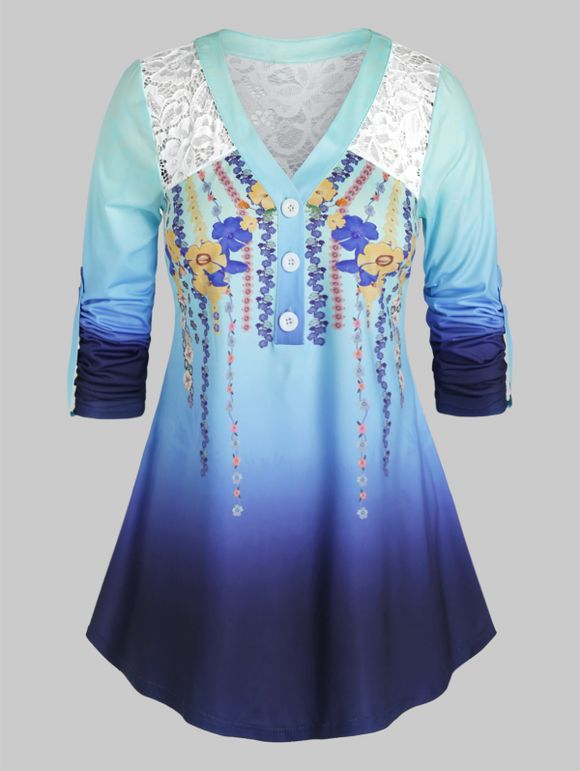Haut Ombré Fleur Panneau en Dentelle à Manches Roulées de Grande Taille - Bleu Océan 5X