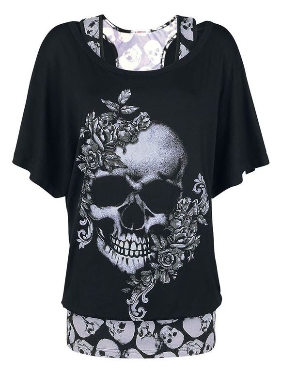Ensemble de T-shirt d'Halloween Fleuri Crâne Imprimée de Grande Taille et de Débardeur - Noir 5X