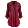 Chemise au Crochet en Dentelle à Manches Roulées Grande Taille - Rouge foncé 5XL