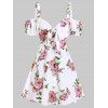 Floral Print Bowknot Cold Shoulder Dress - PINK L