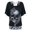 Ensemble de T-shirt d'Halloween Fleuri Crâne Imprimée de Grande Taille et de Débardeur - Noir 5X