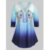Haut Ombré Fleur Panneau en Dentelle à Manches Roulées de Grande Taille - Bleu Océan 5X