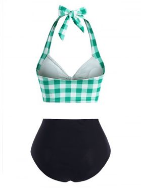 Gingham Mock Button Halter Bowknot Tankini Swimwear