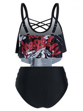 Skeleton Letter Print Crisscross Cutout High Waisted Tankini Swimwear