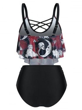 Skull Moon Sun Print Crisscross Ruched Padded Tankini Swimwear