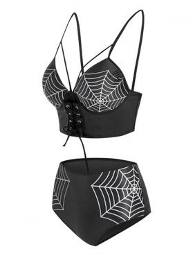 Spider Web Print Strappy High Waisted Tankini Swimwear