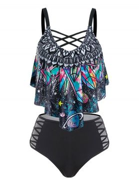 Geo Starry Print Crisscross Cutout High Waisted Tankini Swimwear