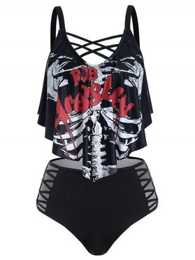 Skeleton Letter Print Crisscross Cutout High Waisted Tankini Swimwear