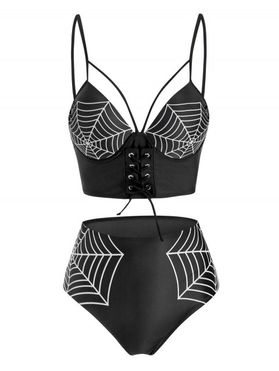 Spider Web Print Strappy High Waisted Tankini Swimwear