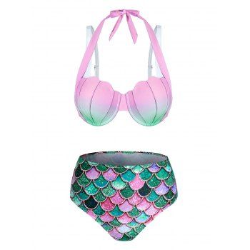 

Ombre Mermaid Print Shell Pattern Bikini Set, Light green