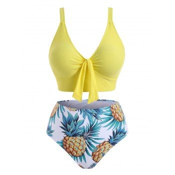 

Plus Size Striped Pineapple Tied High Waisted Tankini Swimwear, Yellow