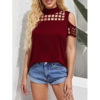 

Overlap Open Back Cold Shoulder Laser Cutout Top, Deep red
