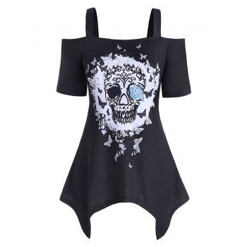 

Plus Size Butterfly Skull Print Handkerchief T Shirt, Black