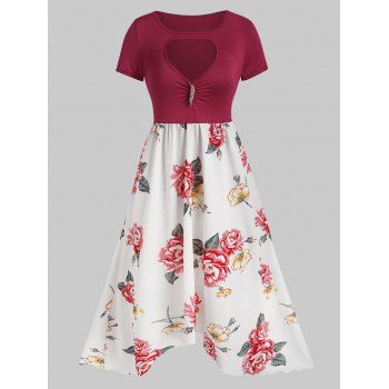 

Flower Print Cut Out Brooch Embellished Dress, Red