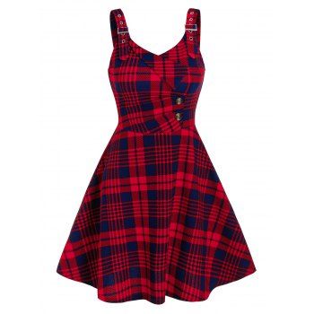 

Checked Pattern Button A Line Dress, Red