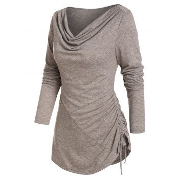 

Cowl Neck Cinched Hem Asymmetrical T Shirt, Coffee