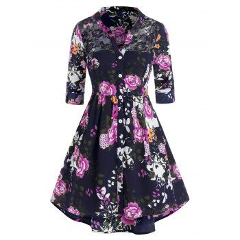 

Plus Size Flower Print Lace Panel Tunic Blouse, Dark slate blue