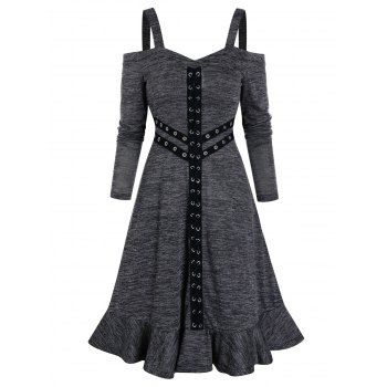 

Gothic Cutout Space Dye Dress Casual Cold Shoulder Eyelet Grommet Flounce Heathered Dress, Dark gray