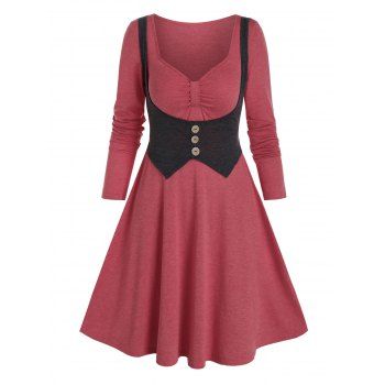 

2 In 1 Sweetheart Neck Mock Button Mini A Line Dress, Red wine
