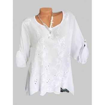 

Plus Size Embroidery Eyelet Roll Up Sleeve Blouse, White