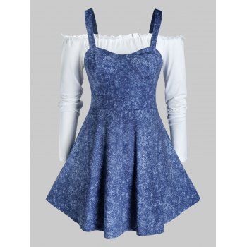 Image of Plus Size Off Shoulder T-shirt and Denim Skirted Tank Top Set