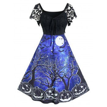 

Plus Size Halloween Print Lace Retro Dress, Black