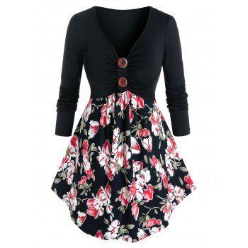 

Plus Size Flower Printed Long Sleeve V Neck Tee, Black
