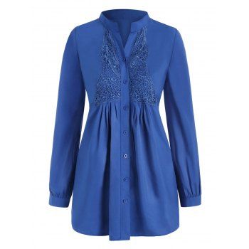 

Plus Size Button Up Butterfly Lace Panel Shirt, Blue
