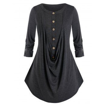 

Plus Size Button Roll Tab Sleeve T-shirt, Carbon gray