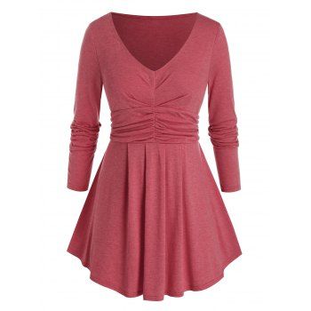 

Plus Size Ruched V Neck Long Sleeve Tee, Valentine red