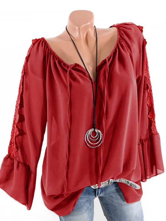 Chemisier Superposé de Grande Taille à Manches de Cloche - Rouge foncé 3X