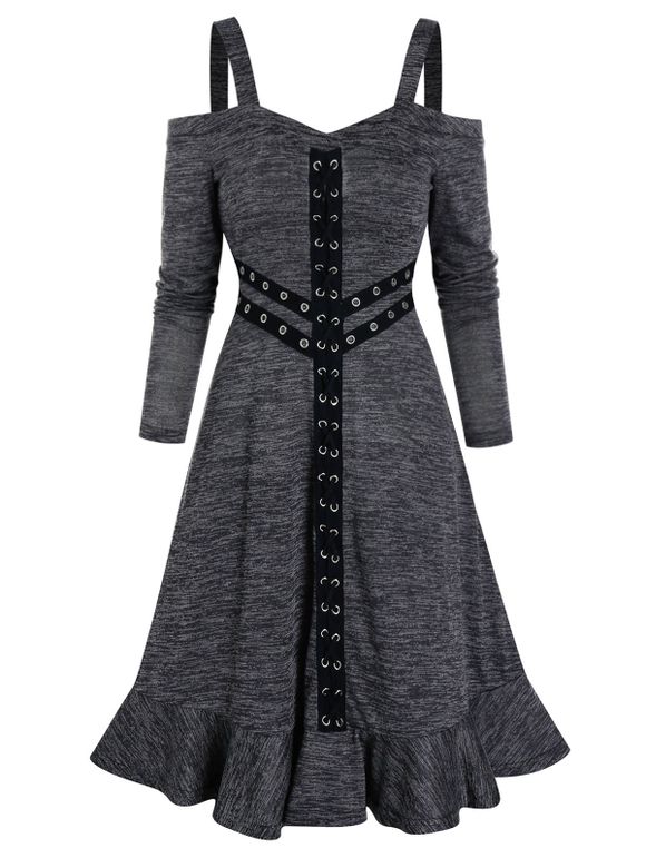 Robe Chinée Gothique Anneau en O à Epaule Dénudée à Volants Œillet - Gris Foncé M
