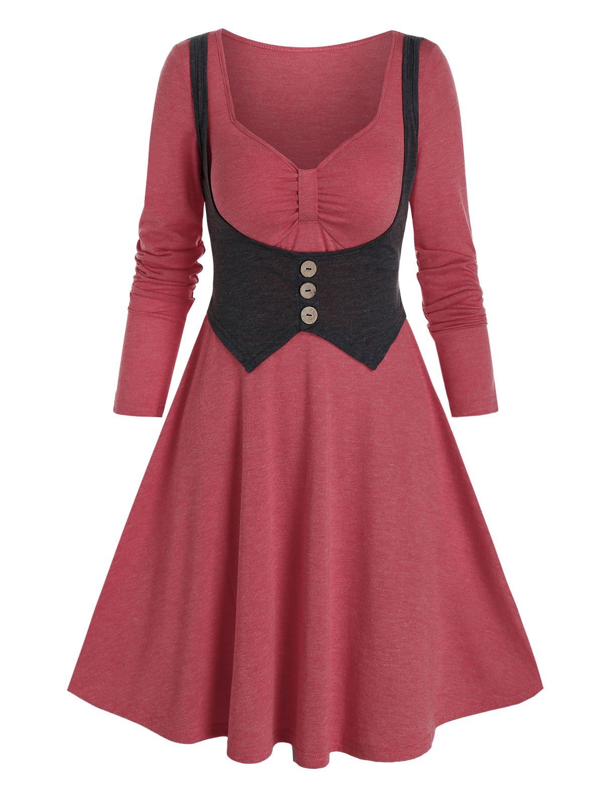Corset Style Colorblock Dress Casual Two Tone Bicolor Long Sleeve A Line 2 In 1 Dress - RED WINE M